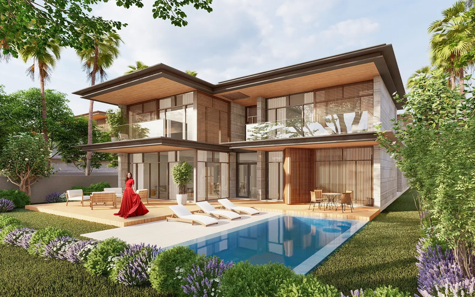 Exterior view of modern luxury villas at Reem Hills Abu Dhabi with lush green landscaping, private swimming pools, and contemporary architecture under a bright blue sky.